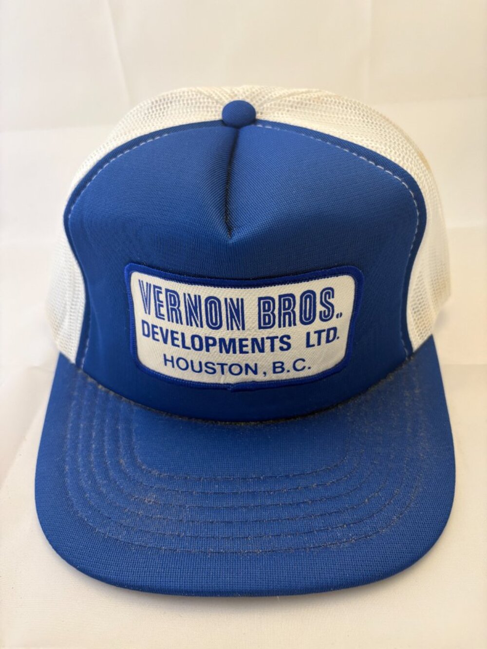 Vintage Vernon Bros Developments Houston BC Trucker Hat Blue White Snapback